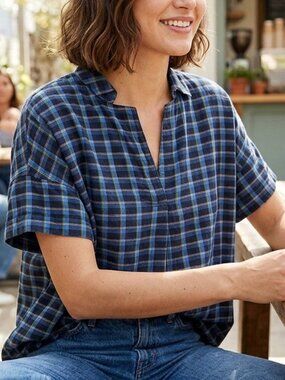 Madewell Double-Faced Park Popover Plaid Blouse (M) Boxy Oversized 100% Cotton